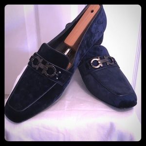Navy Blue brushed suede loafers with covered heel